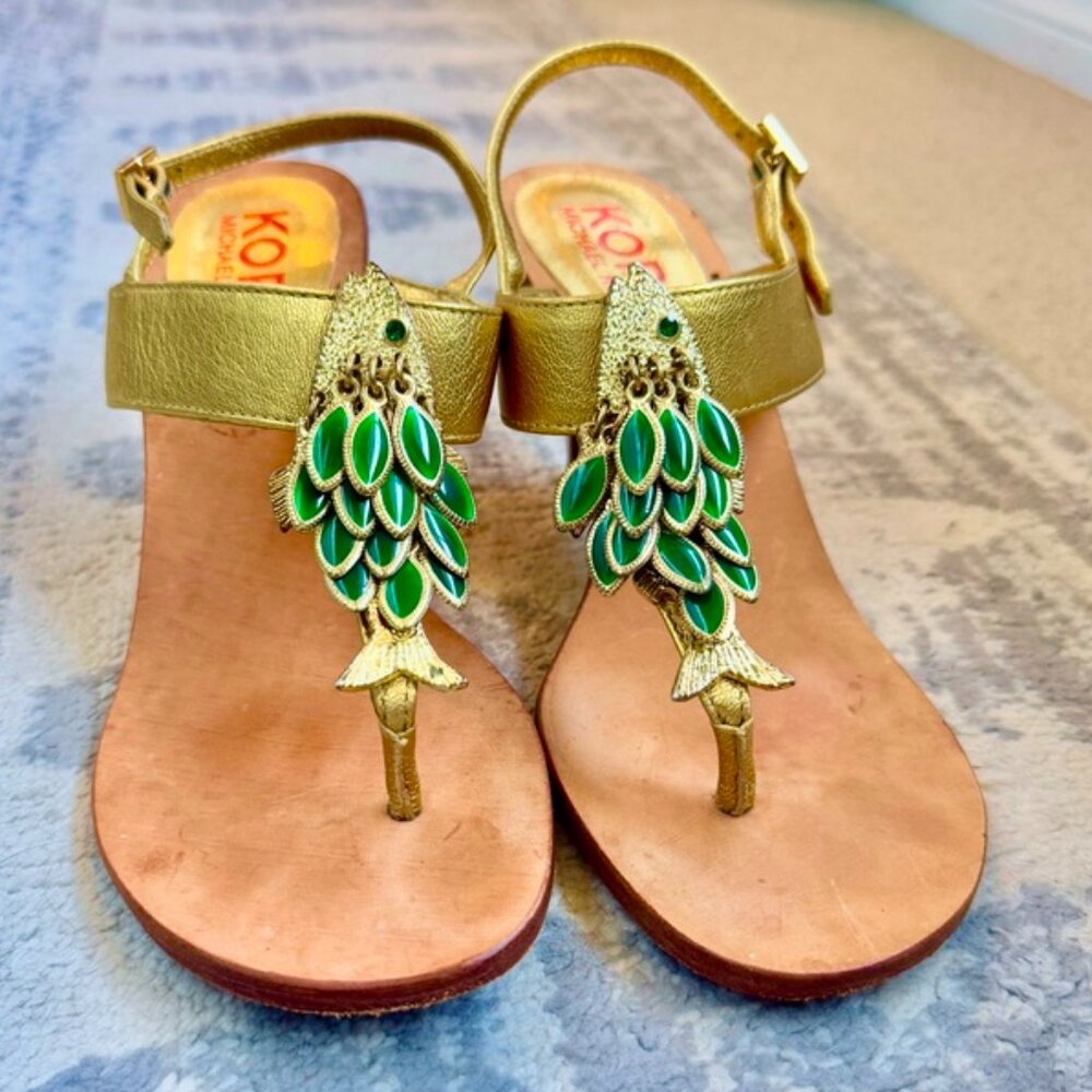 Gold Leather Heels with Gold and Green Metal Fish by KORS Michael Kors